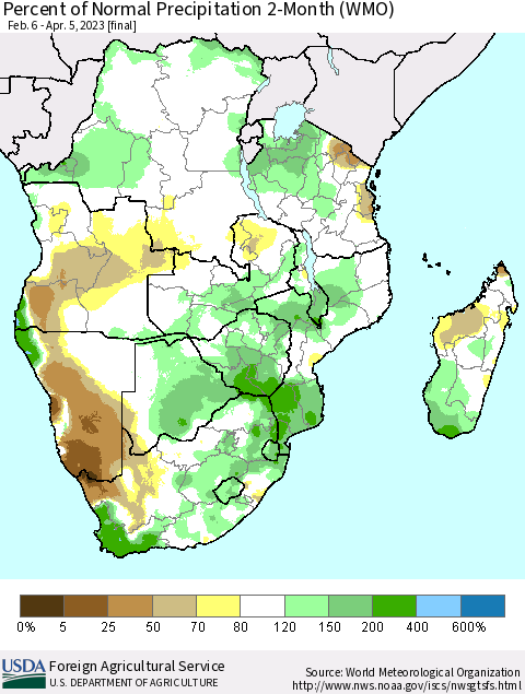 Southern Africa Percent of Normal Precipitation 2-Month (WMO) Thematic Map For 2/6/2023 - 4/5/2023