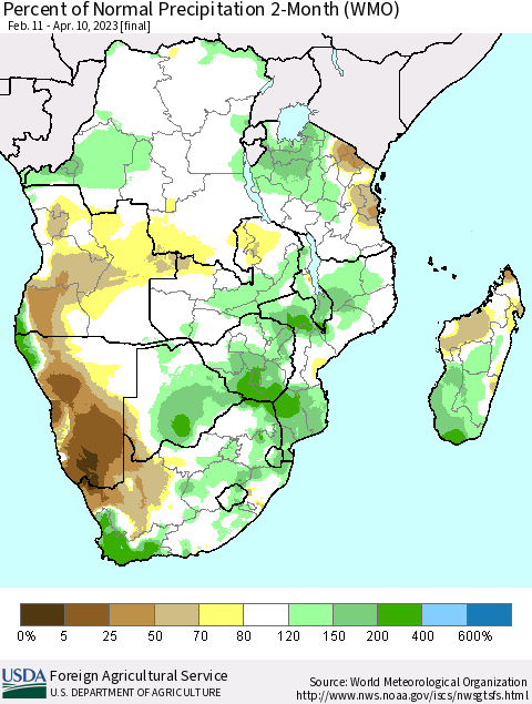 Southern Africa Percent of Normal Precipitation 2-Month (WMO) Thematic Map For 2/11/2023 - 4/10/2023