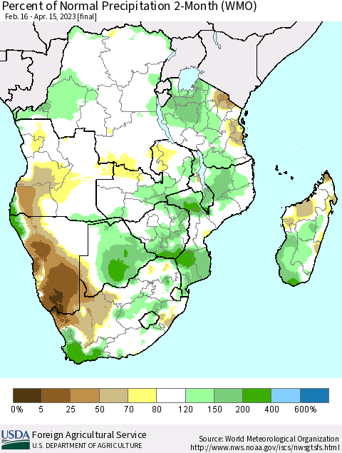 Southern Africa Percent of Normal Precipitation 2-Month (WMO) Thematic Map For 2/16/2023 - 4/15/2023