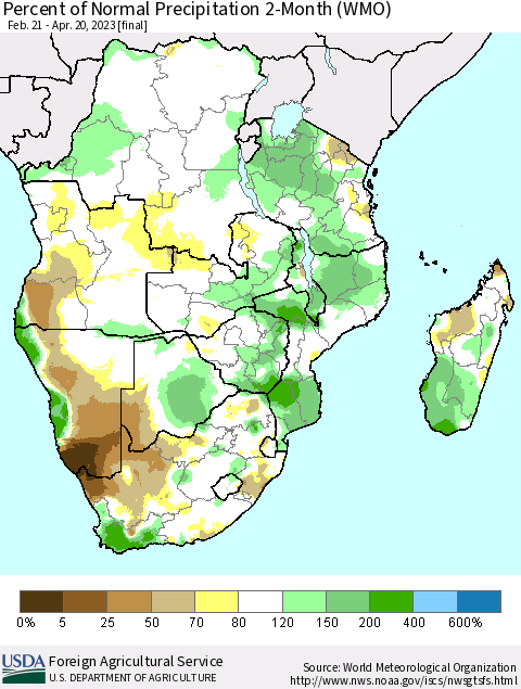 Southern Africa Percent of Normal Precipitation 2-Month (WMO) Thematic Map For 2/21/2023 - 4/20/2023