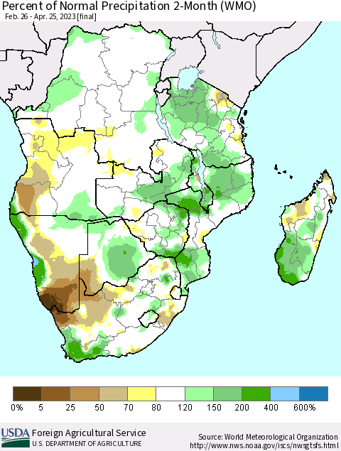 Southern Africa Percent of Normal Precipitation 2-Month (WMO) Thematic Map For 2/26/2023 - 4/25/2023