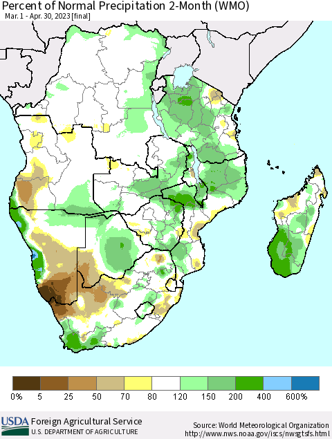 Southern Africa Percent of Normal Precipitation 2-Month (WMO) Thematic Map For 3/1/2023 - 4/30/2023