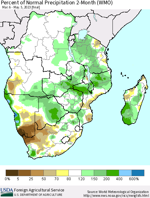 Southern Africa Percent of Normal Precipitation 2-Month (WMO) Thematic Map For 3/6/2023 - 5/5/2023