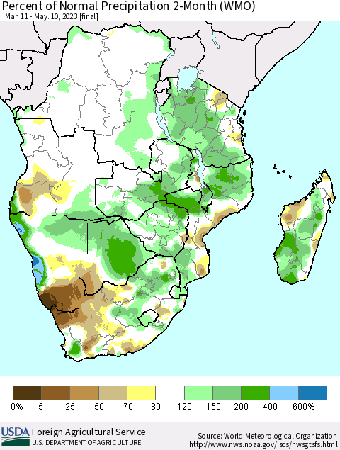 Southern Africa Percent of Normal Precipitation 2-Month (WMO) Thematic Map For 3/11/2023 - 5/10/2023