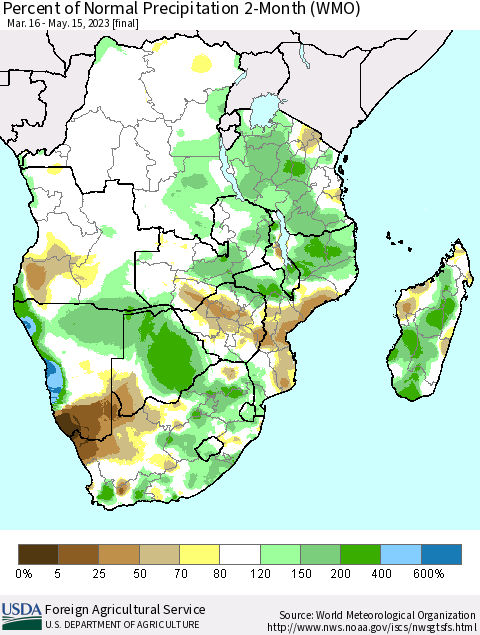Southern Africa Percent of Normal Precipitation 2-Month (WMO) Thematic Map For 3/16/2023 - 5/15/2023
