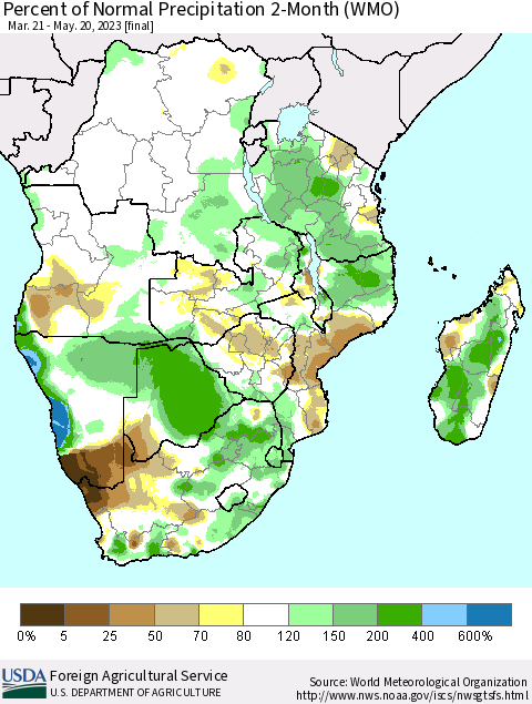 Southern Africa Percent of Normal Precipitation 2-Month (WMO) Thematic Map For 3/21/2023 - 5/20/2023