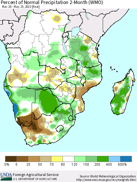 Southern Africa Percent of Normal Precipitation 2-Month (WMO) Thematic Map For 3/26/2023 - 5/25/2023