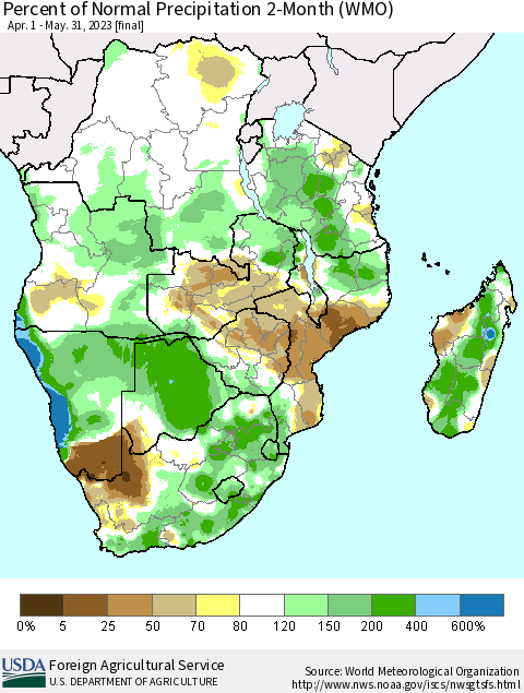 Southern Africa Percent of Normal Precipitation 2-Month (WMO) Thematic Map For 4/1/2023 - 5/31/2023
