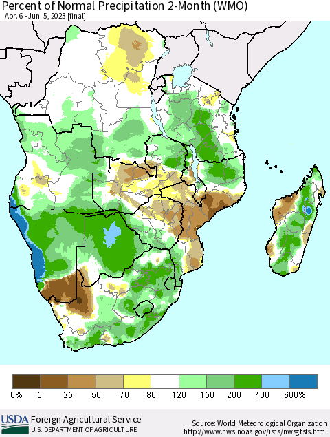 Southern Africa Percent of Normal Precipitation 2-Month (WMO) Thematic Map For 4/6/2023 - 6/5/2023