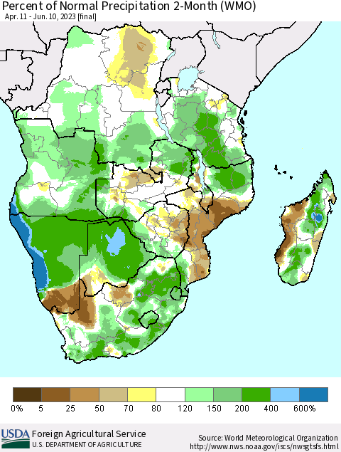 Southern Africa Percent of Normal Precipitation 2-Month (WMO) Thematic Map For 4/11/2023 - 6/10/2023