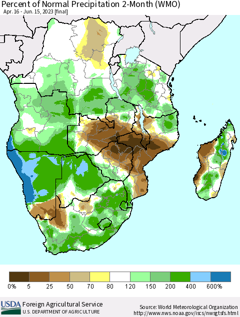 Southern Africa Percent of Normal Precipitation 2-Month (WMO) Thematic Map For 4/16/2023 - 6/15/2023