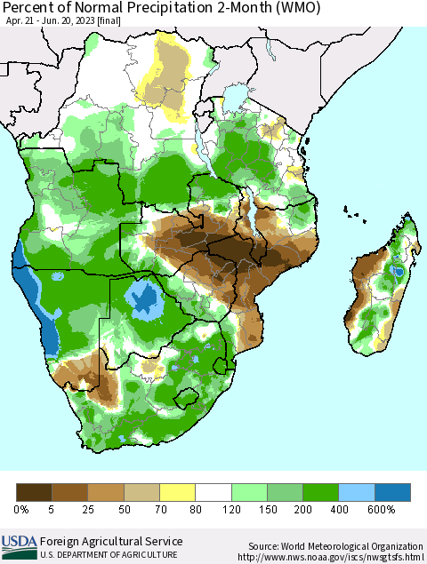 Southern Africa Percent of Normal Precipitation 2-Month (WMO) Thematic Map For 4/21/2023 - 6/20/2023