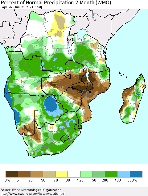 Southern Africa Percent of Normal Precipitation 2-Month (WMO) Thematic Map For 4/26/2023 - 6/25/2023