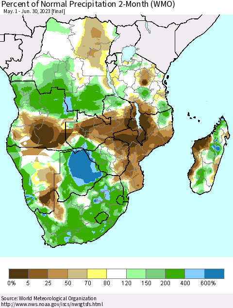 Southern Africa Percent of Normal Precipitation 2-Month (WMO) Thematic Map For 5/1/2023 - 6/30/2023