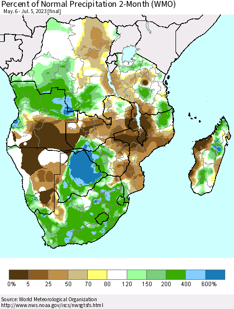 Southern Africa Percent of Normal Precipitation 2-Month (WMO) Thematic Map For 5/6/2023 - 7/5/2023
