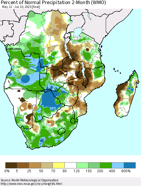 Southern Africa Percent of Normal Precipitation 2-Month (WMO) Thematic Map For 5/11/2023 - 7/10/2023