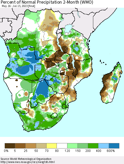 Southern Africa Percent of Normal Precipitation 2-Month (WMO) Thematic Map For 5/16/2023 - 7/15/2023