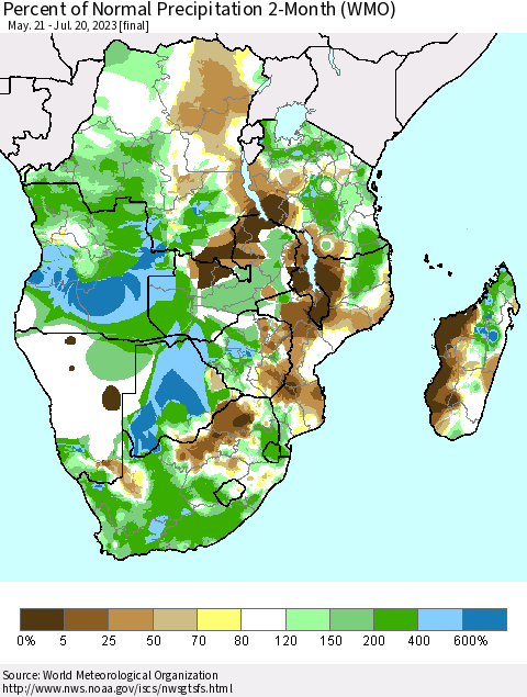 Southern Africa Percent of Normal Precipitation 2-Month (WMO) Thematic Map For 5/21/2023 - 7/20/2023