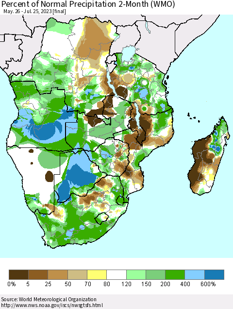 Southern Africa Percent of Normal Precipitation 2-Month (WMO) Thematic Map For 5/26/2023 - 7/25/2023