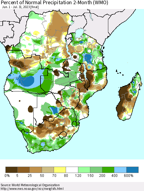Southern Africa Percent of Normal Precipitation 2-Month (WMO) Thematic Map For 6/1/2023 - 7/31/2023