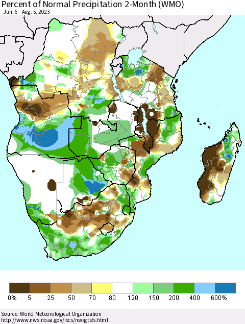 Southern Africa Percent of Normal Precipitation 2-Month (WMO) Thematic Map For 6/6/2023 - 8/5/2023