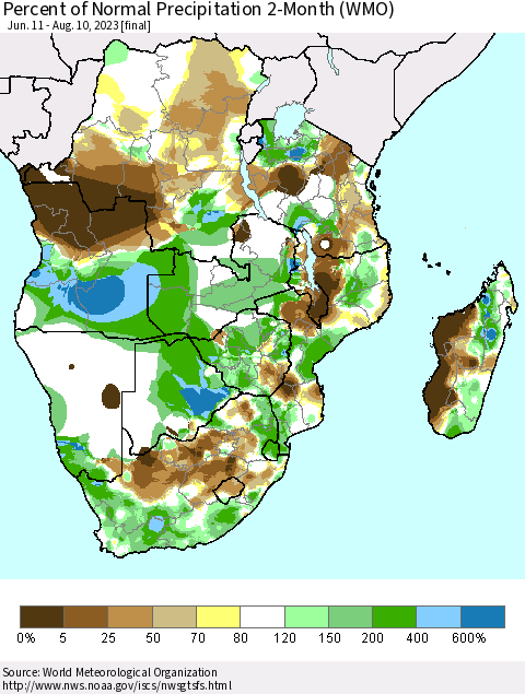 Southern Africa Percent of Normal Precipitation 2-Month (WMO) Thematic Map For 6/11/2023 - 8/10/2023