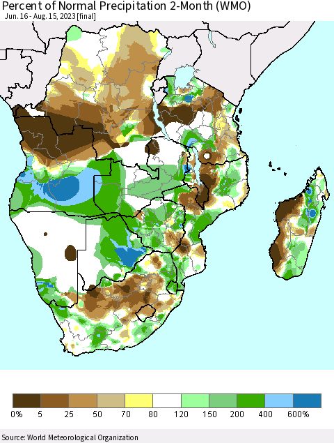 Southern Africa Percent of Normal Precipitation 2-Month (WMO) Thematic Map For 6/16/2023 - 8/15/2023