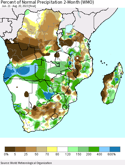 Southern Africa Percent of Normal Precipitation 2-Month (WMO) Thematic Map For 6/21/2023 - 8/20/2023