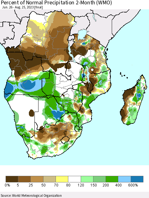 Southern Africa Percent of Normal Precipitation 2-Month (WMO) Thematic Map For 6/26/2023 - 8/25/2023