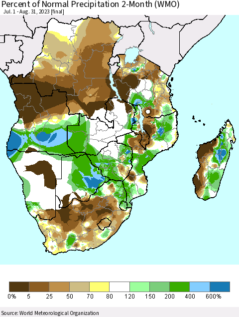 Southern Africa Percent of Normal Precipitation 2-Month (WMO) Thematic Map For 7/1/2023 - 8/31/2023