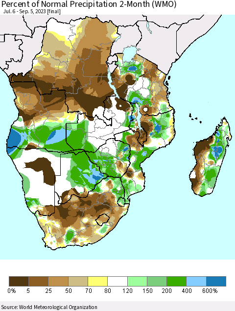Southern Africa Percent of Normal Precipitation 2-Month (WMO) Thematic Map For 7/6/2023 - 9/5/2023