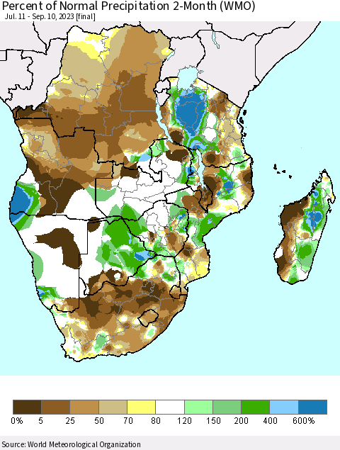 Southern Africa Percent of Normal Precipitation 2-Month (WMO) Thematic Map For 7/11/2023 - 9/10/2023