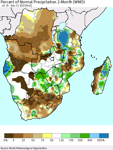 Southern Africa Percent of Normal Precipitation 2-Month (WMO) Thematic Map For 7/16/2023 - 9/15/2023