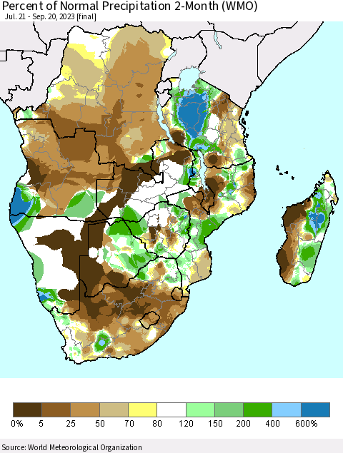 Southern Africa Percent of Normal Precipitation 2-Month (WMO) Thematic Map For 7/21/2023 - 9/20/2023
