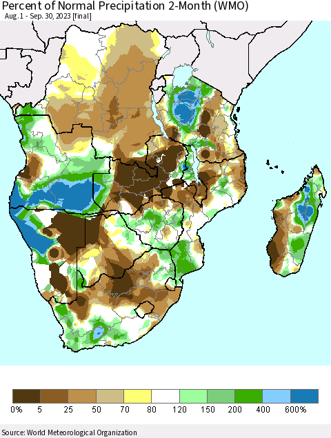 Southern Africa Percent of Normal Precipitation 2-Month (WMO) Thematic Map For 8/1/2023 - 9/30/2023