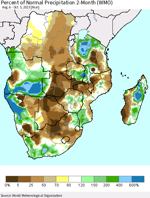 Southern Africa Percent of Normal Precipitation 2-Month (WMO) Thematic Map For 8/6/2023 - 10/5/2023