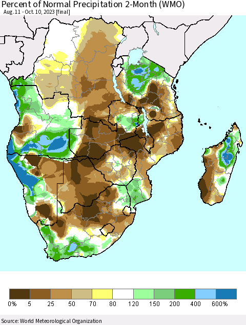 Southern Africa Percent of Normal Precipitation 2-Month (WMO) Thematic Map For 8/11/2023 - 10/10/2023