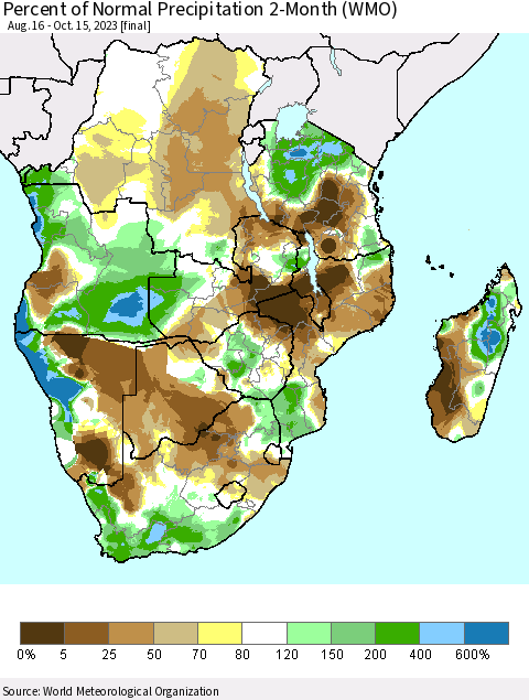 Southern Africa Percent of Normal Precipitation 2-Month (WMO) Thematic Map For 8/16/2023 - 10/15/2023