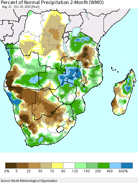 Southern Africa Percent of Normal Precipitation 2-Month (WMO) Thematic Map For 8/21/2023 - 10/20/2023