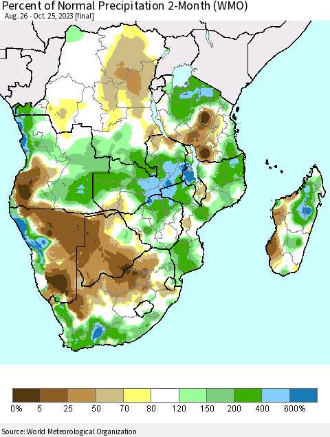 Southern Africa Percent of Normal Precipitation 2-Month (WMO) Thematic Map For 8/26/2023 - 10/25/2023