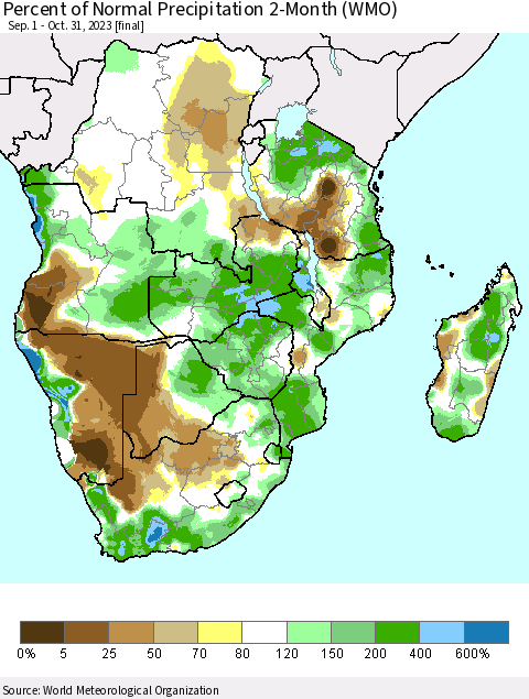 Southern Africa Percent of Normal Precipitation 2-Month (WMO) Thematic Map For 9/1/2023 - 10/31/2023