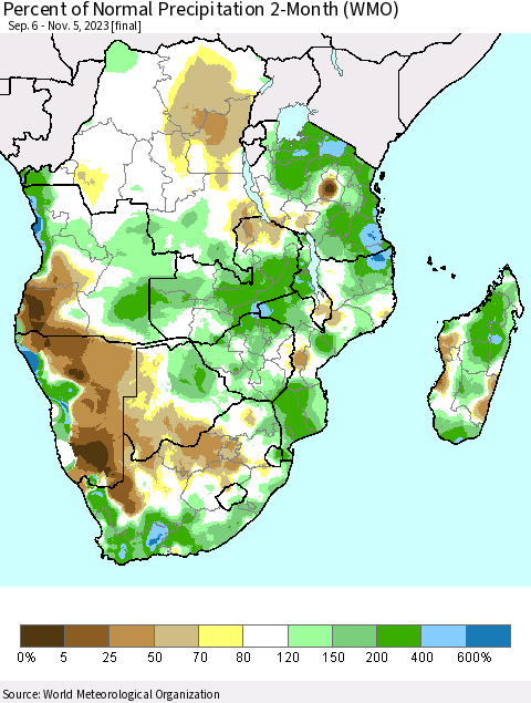 Southern Africa Percent of Normal Precipitation 2-Month (WMO) Thematic Map For 9/6/2023 - 11/5/2023