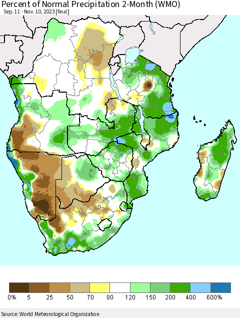 Southern Africa Percent of Normal Precipitation 2-Month (WMO) Thematic Map For 9/11/2023 - 11/10/2023