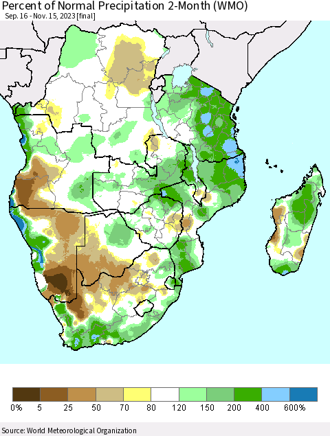 Southern Africa Percent of Normal Precipitation 2-Month (WMO) Thematic Map For 9/16/2023 - 11/15/2023