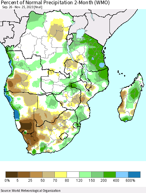 Southern Africa Percent of Normal Precipitation 2-Month (WMO) Thematic Map For 9/26/2023 - 11/25/2023