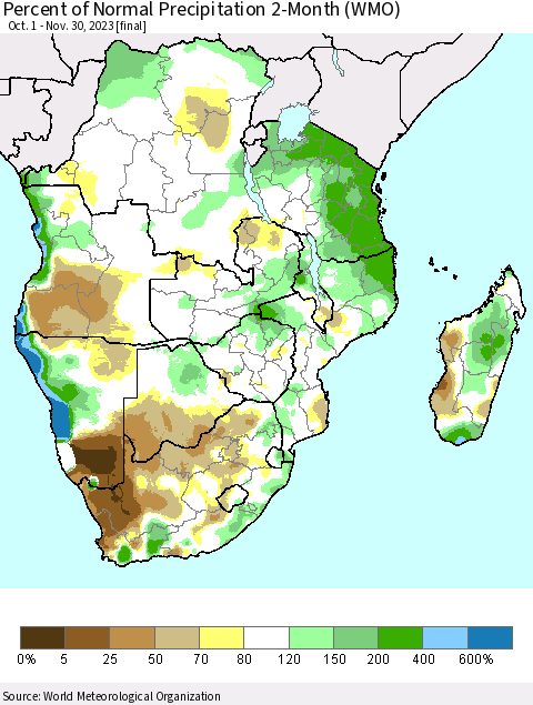 Southern Africa Percent of Normal Precipitation 2-Month (WMO) Thematic Map For 10/1/2023 - 11/30/2023