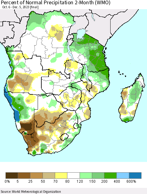 Southern Africa Percent of Normal Precipitation 2-Month (WMO) Thematic Map For 10/6/2023 - 12/5/2023