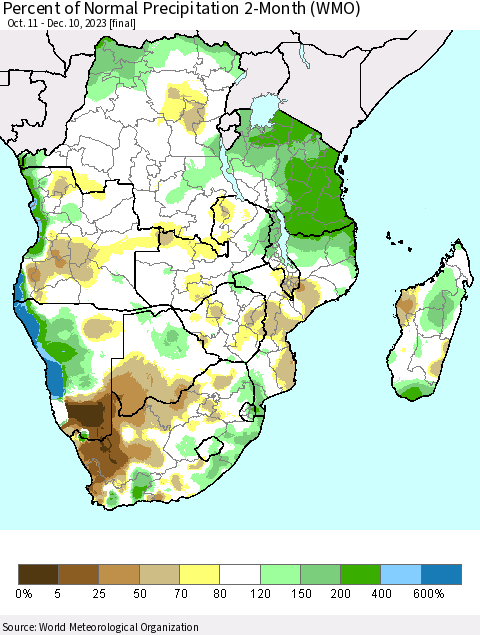 Southern Africa Percent of Normal Precipitation 2-Month (WMO) Thematic Map For 10/11/2023 - 12/10/2023