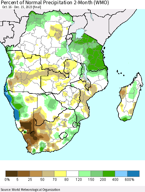 Southern Africa Percent of Normal Precipitation 2-Month (WMO) Thematic Map For 10/16/2023 - 12/15/2023