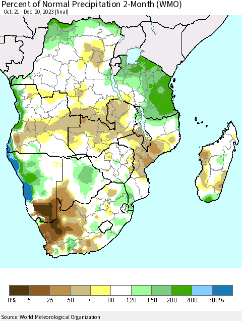 Southern Africa Percent of Normal Precipitation 2-Month (WMO) Thematic Map For 10/21/2023 - 12/20/2023